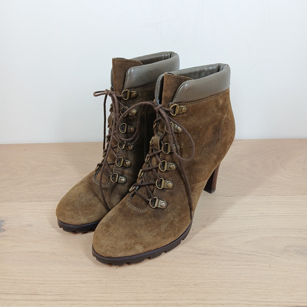 Lauren Ralph Lauren Ankle Boots Womens 9 Brown Leather Lace Up Block Heel